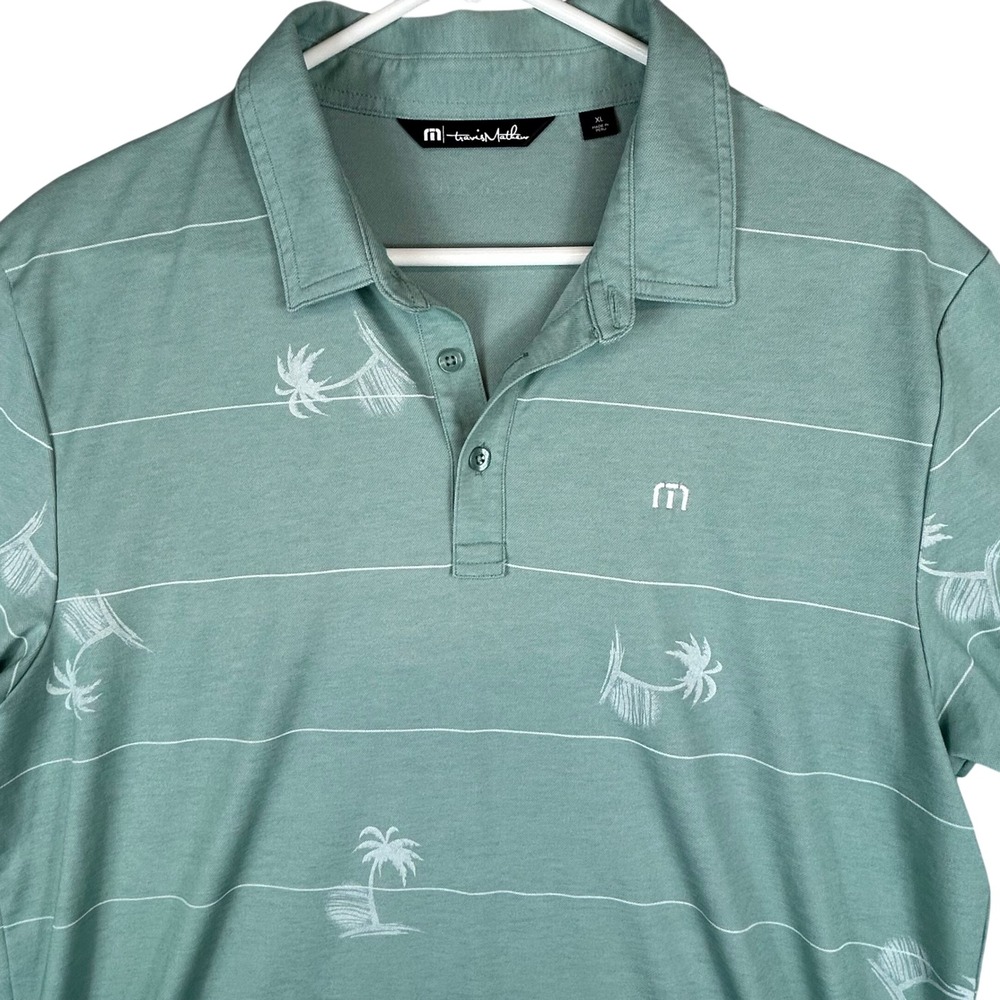 TravisMathew Mens XL Sage Green Palm Tree Striped Pima Cotton‎ Blend Polo Shirt - Picture 2 of 10